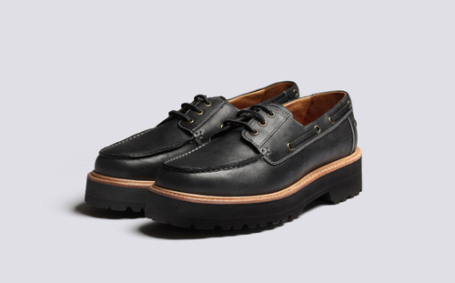 Dempsey | Mens Boat Shoes in Black Leather | Grenson - Main View