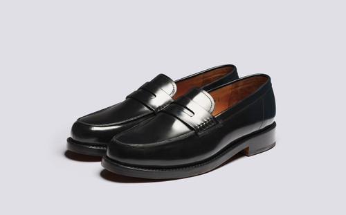 Jago | Mens Loafers in Black Hi Shine Leather | Grenson - Main View