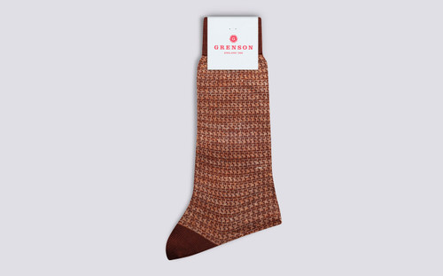 Mens Mini Block Chain Sock | Brown Cotton | Grenson - Main View