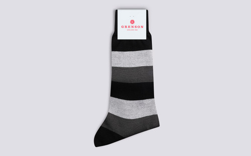 Mens Wide Stripe Sock | Black Cotton Blend | Grenson - Main View