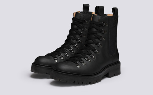 Nanette Pull On | Womens Hiker Boots in Black Rubberised Leather | Grenson - Main View