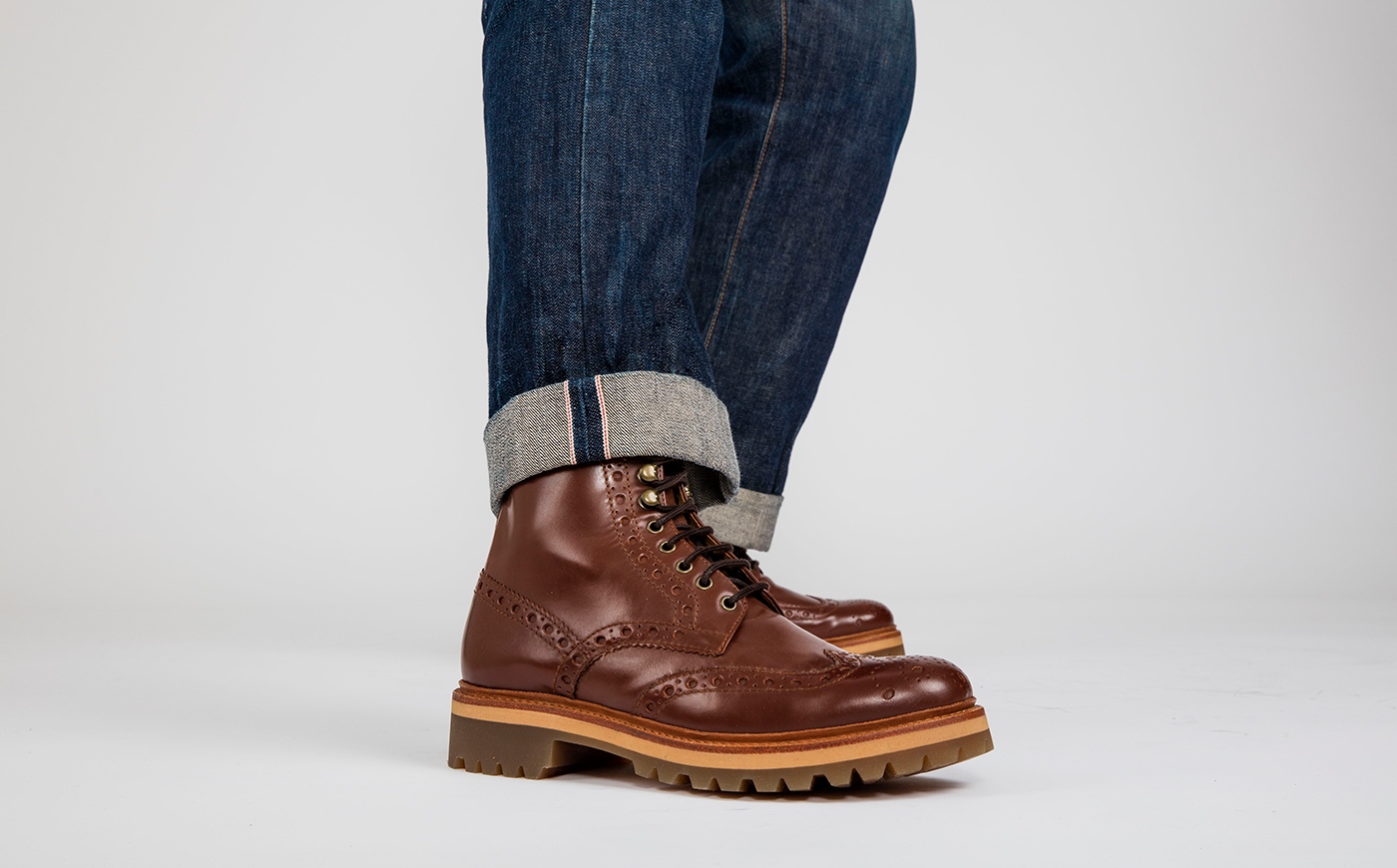 Fred Mens Brogue Boots in Tan on Vibram Sole Grenson