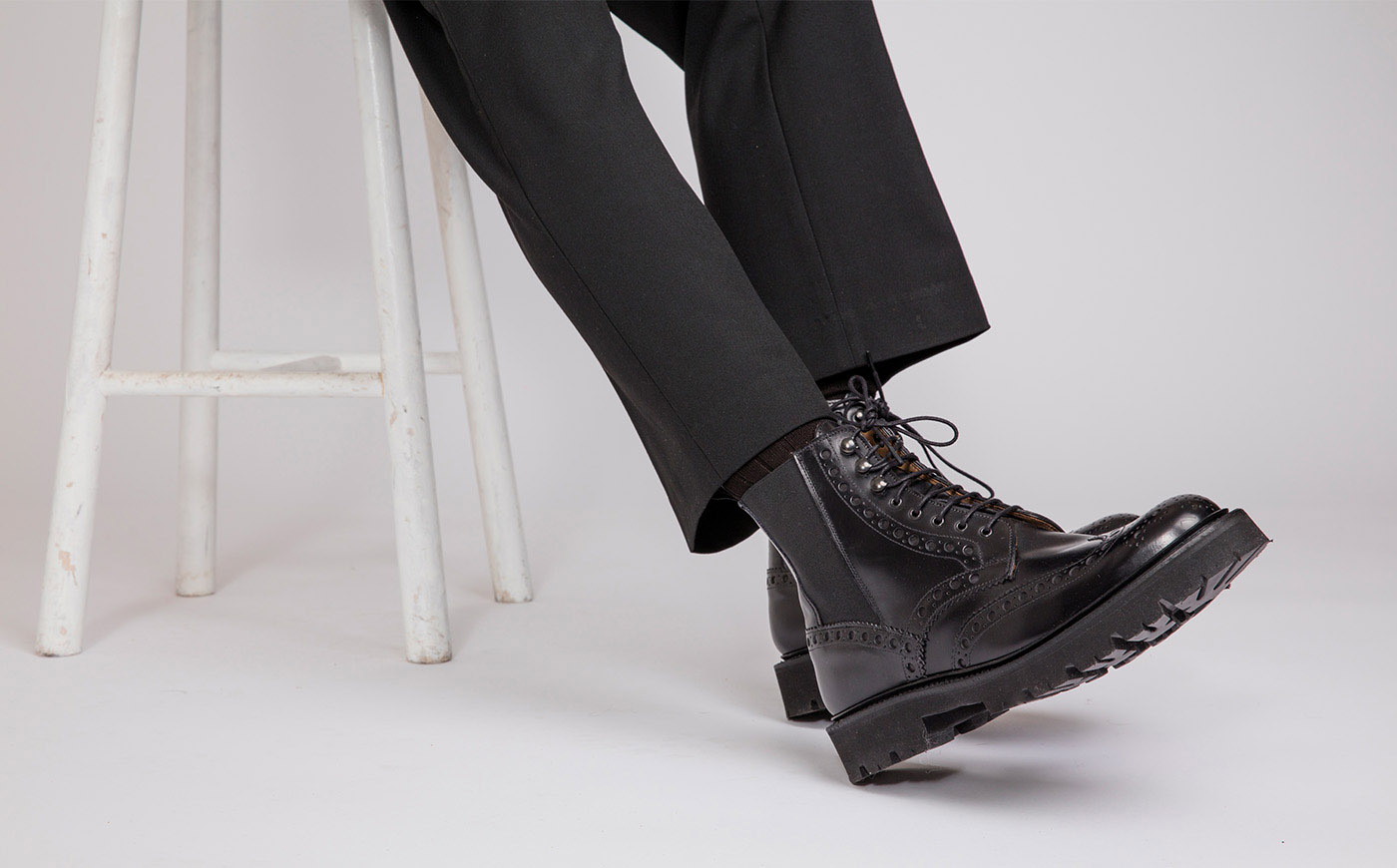 Fred Pull On Mens Brogue Boots in Black Grenson
