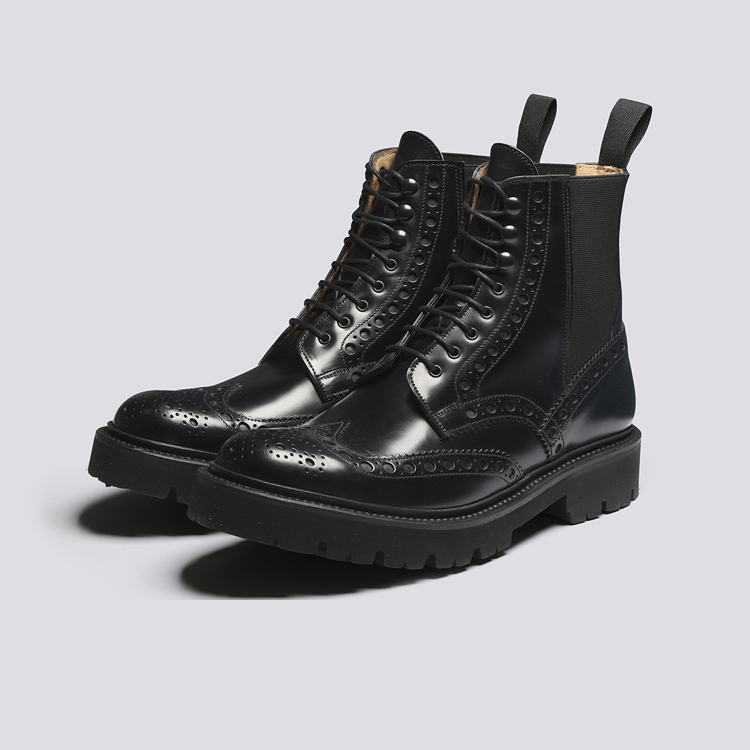 Fred Pull On Mens Brogue Boots in Black Grenson