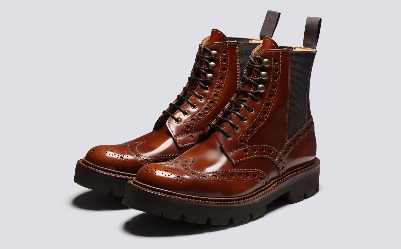 Fred Pull On Mens Brogue Boots in Mid Brown Leather Grenson