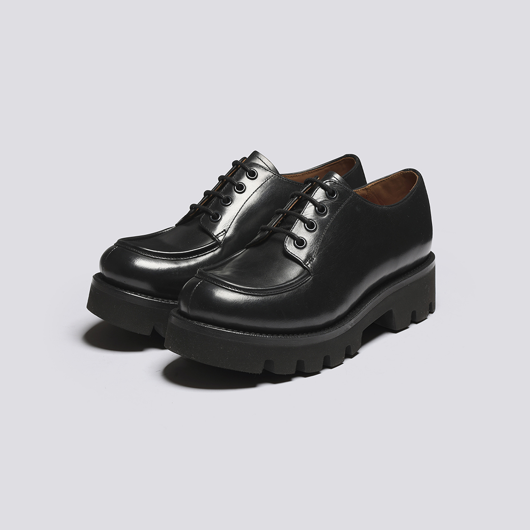 Caitlyn Womens Derby Shoes in Black Leather Rubber Sole Grenson