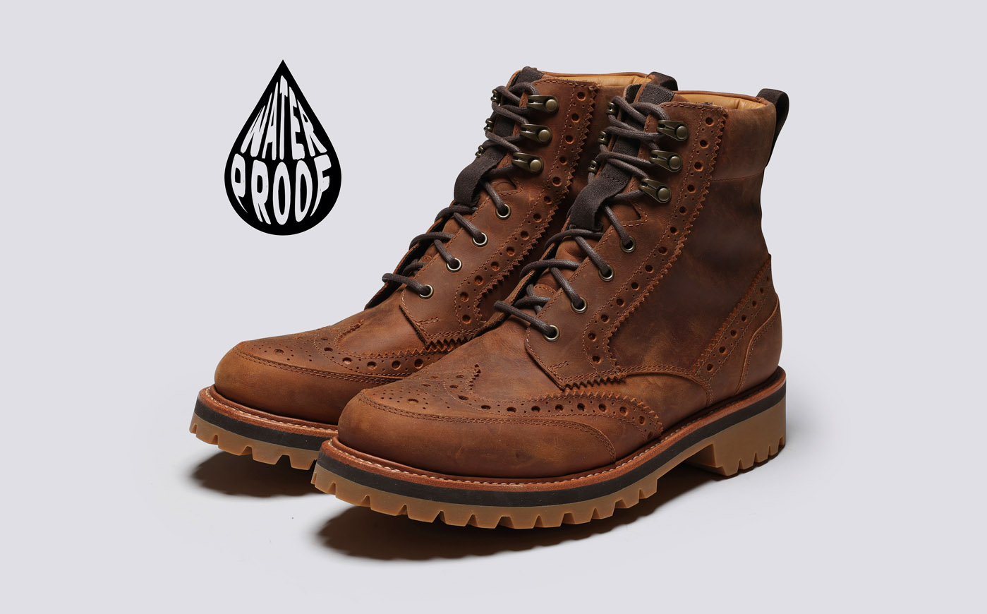 Fred WP Mens Brogue Boots Dark Tan Waterproof Grenson