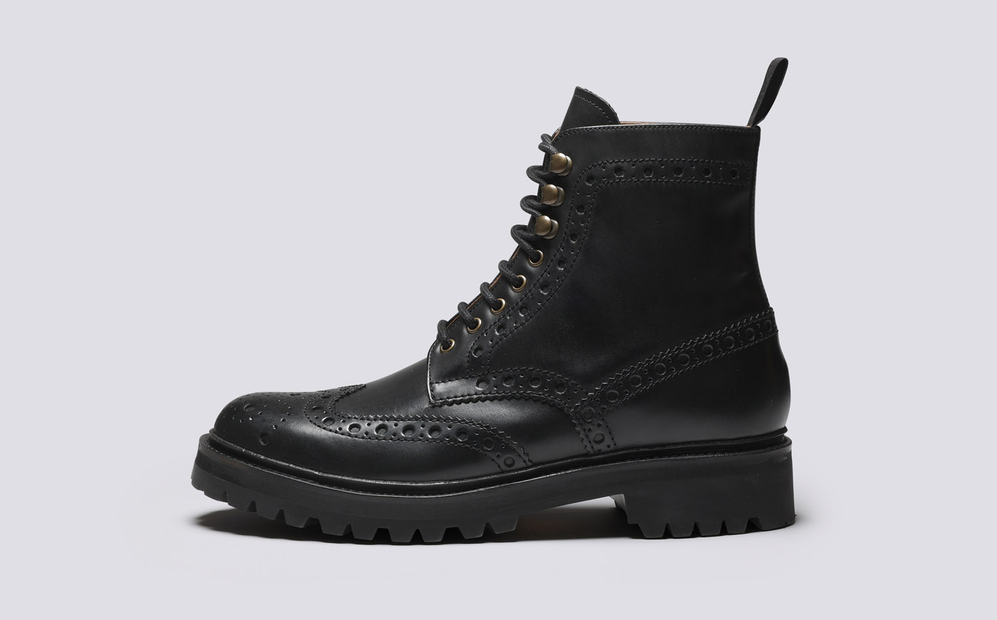 Fred Mens Brogue Boots in Black Leather Commando Sole Grenson