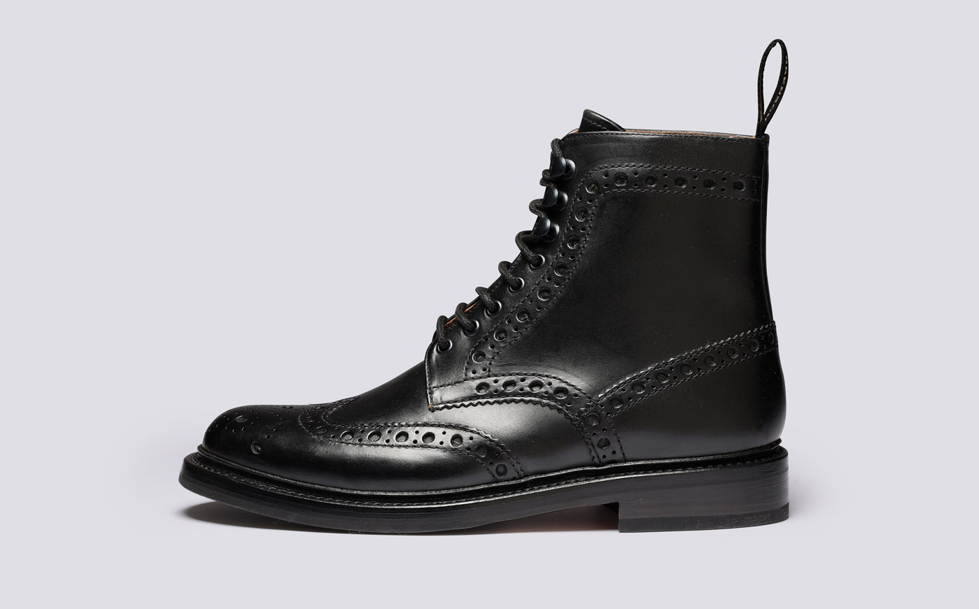 Fred Mens Brogue Boots in Black Pull Up Leather Grenson