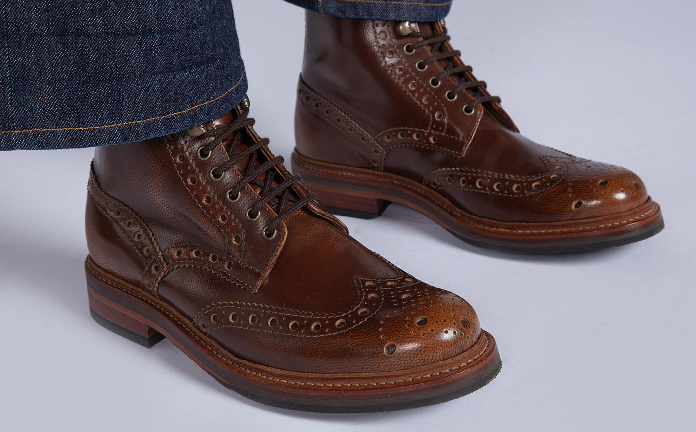 Fred | Mens Brogue Boots in Tan Grain Leather | Grenson