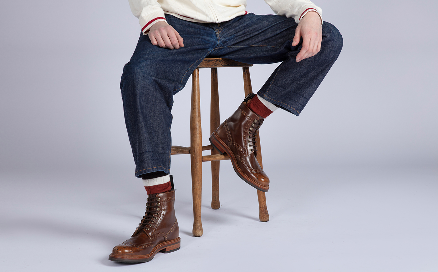 Jeans Grenson Boots Fred Mens Brogue Boots In Tan Grain Leather