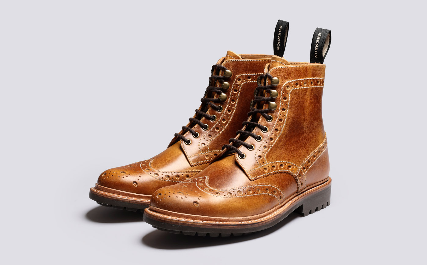 Fred Mens Brogue Boots in Tan Pull Up Leather Grenson