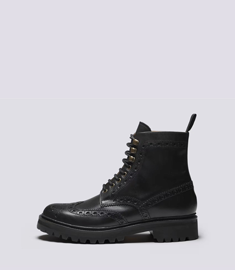 Fred - Men's black leather lace-up brogue boots with a rugged sole and decorative stitching.